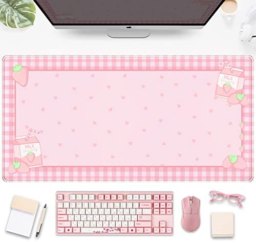 Joli tapis de bureau à carreaux roses pour jeux vidéo, Kawaii – Grand tapis de souris Kawaii – Grand tapis de clavier Kawaii – Tapis d'ordinateur portable pour bureau, décoration de bureau pour femme