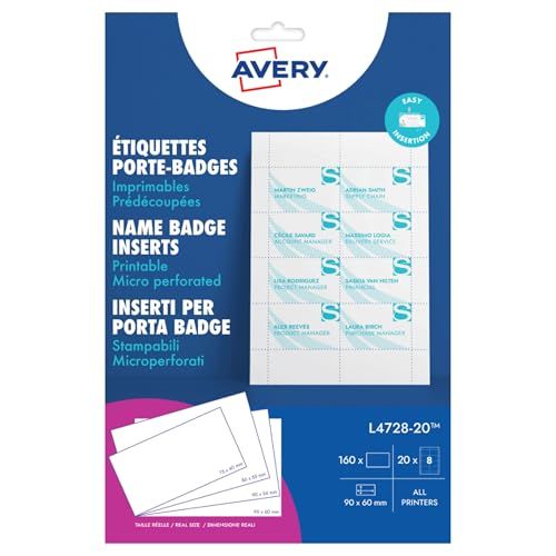 Avery – 160 inserts imprimables pour badges 90x60 mm – cartes blanches en papier 190 g/m² – format standard carte de visite – impression laser et jet d’encre – personnalisables L4728-20