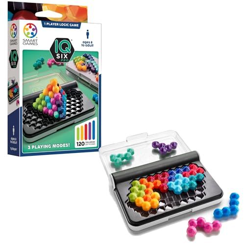 SmartGames – IQ Six Pro – Puzzle 2D 3D Enfant 8+ – Jeu de Logique Enfant – 120 Défis Solo – Joeut de Réflexion – Jeu Éducatif 8 Ans – Plateau Compact et Pièces Colorées – Format de Voyage