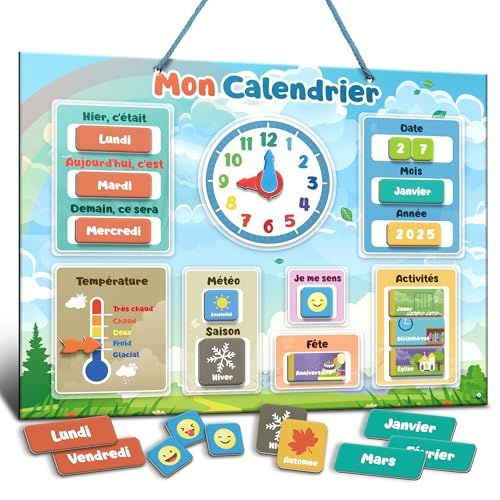 Mon Premier Calendrier par SmartPanda – Jeu Éducatif Magnétique pour Enfants – Comprend une Horloge, une Station Météo et des Émotions – Pour Garçons et Filles, Mur ou Frigo – 30x40cm, en Français