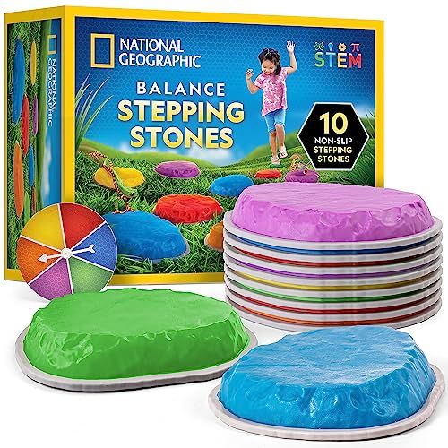 National Geographic Lot de 10 Pierres de Pas pour Enfants - Durables et antidérapantes - Encouragent l'équilibre et la motricité des Tout-Petits, Jouets d'intérieur et d'extérieur, Pierres