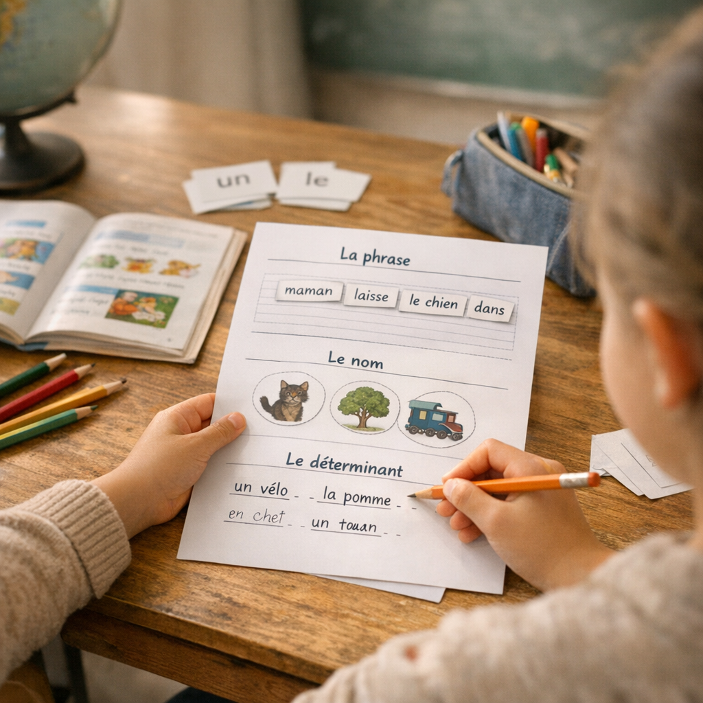 Exercices de grammaire CE1 : phrase, nom et déterminant