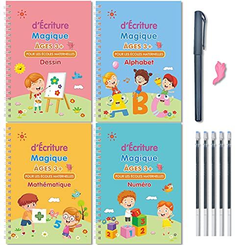 Larcenciel Cahier Ecriture Maternelle En Français, 4 Livres Calligraphie Enfant Magique + 1 Stylo + 5 Recharges +1 Grip, Cahier De Vacances CP Vers CE1 CE2, Guide Doigts Ecriture Enfant pour 3-5 Ans