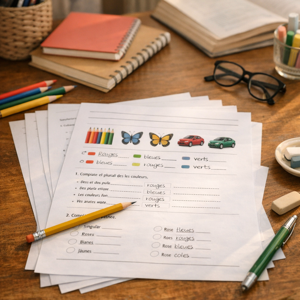 Évaluation imprimable : exercices progressifs sur le pluriel des couleurs