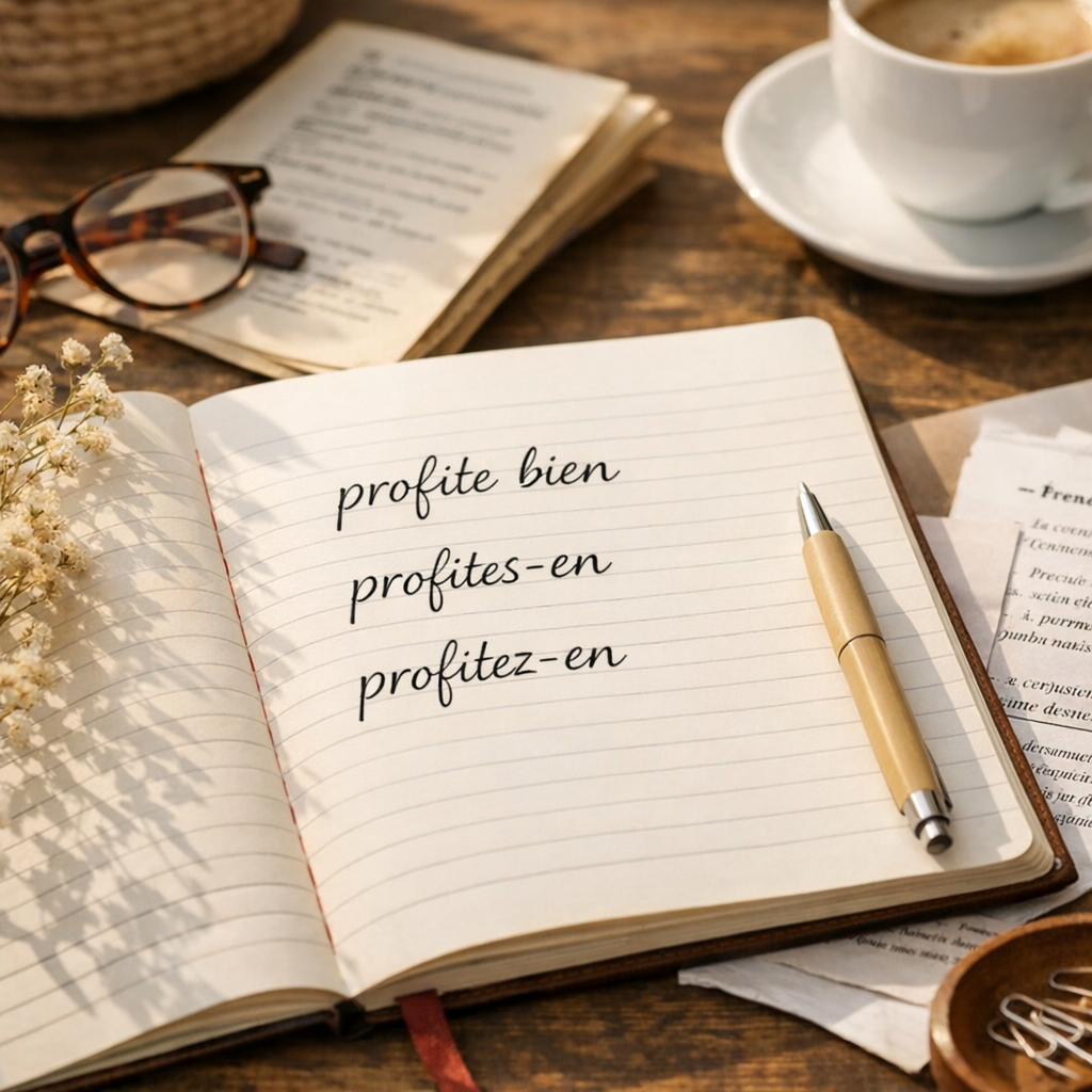 Impératif&nbsp;: écrire «&nbsp;profite bien&nbsp;», «&nbsp;profites-en&nbsp;» et «&nbsp;profitez-en&nbsp;»